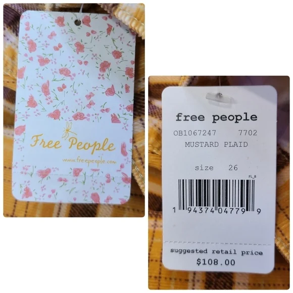 Free People Just Float On Wide Flare Bell Bottom Corduroy Pants Mustard Plaid 26 - Picture 14 of 16